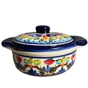 Vtg El Salvador Hand Painted Ceramic Mini Casserole Dish with Lid Floral Blue